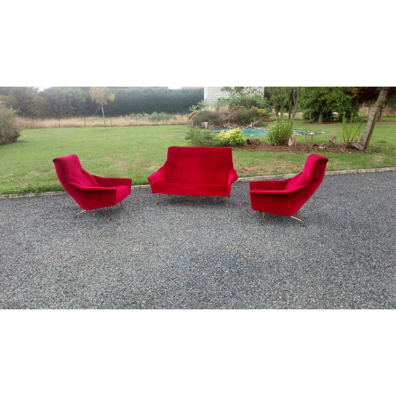 Vintage living room by Besnard in red velvet 1960