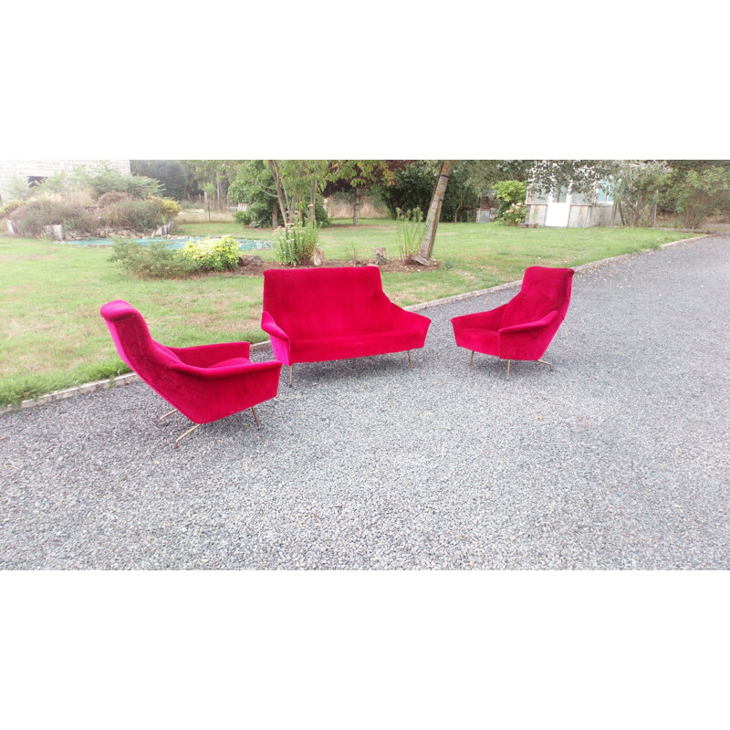 Vintage living room by Besnard in red velvet 1960