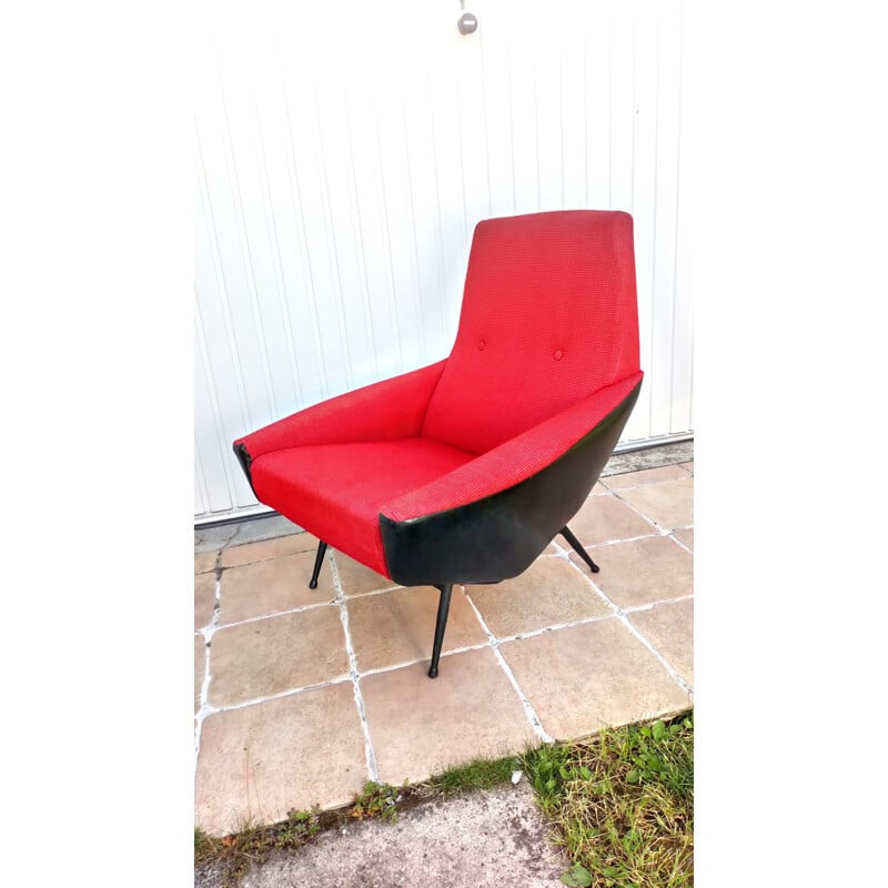 Fauteuil vintage français de Guy Besnard en laine rouge 1960