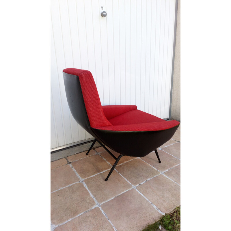 Fauteuil vintage français de Guy Besnard en laine rouge 1960