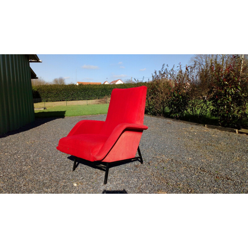 French vintage armchair by Guy Besnard in red fabric 1950