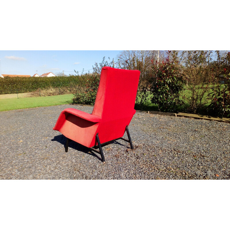 French vintage armchair by Guy Besnard in red fabric 1950