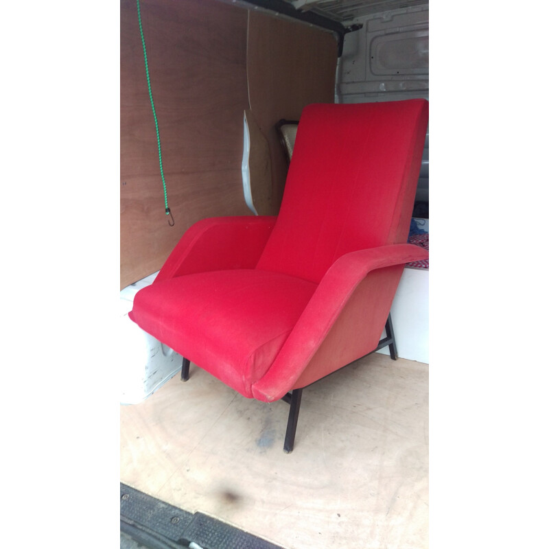French vintage armchair by Guy Besnard in red fabric 1950