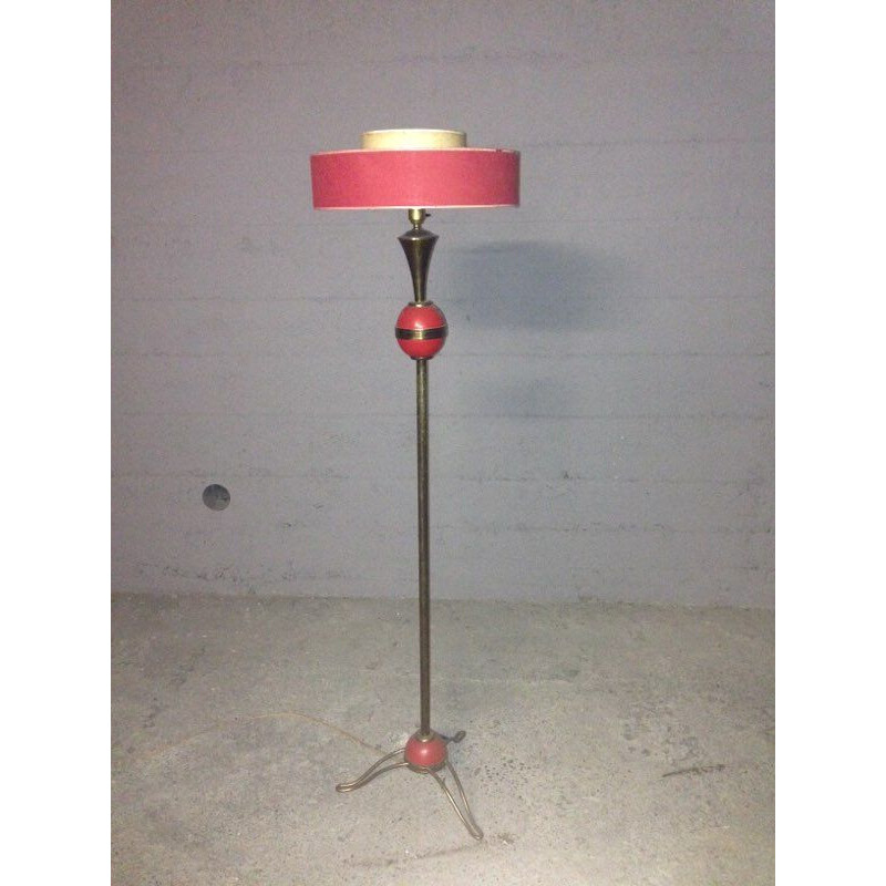 Lampada da terra vintage in ottone rosso, Francia 1950