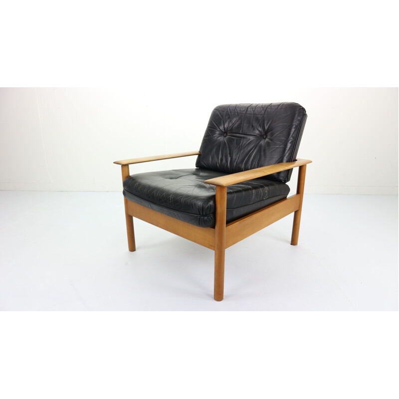 Vintage scandinavian armchair in black leather and beechwood 1960