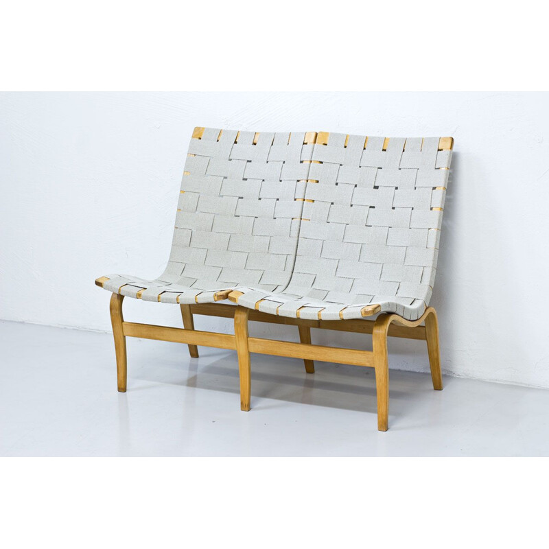 Vintage bench in Birch & Linen Webbing, by Bruno Mathsson, Sweden, 1969