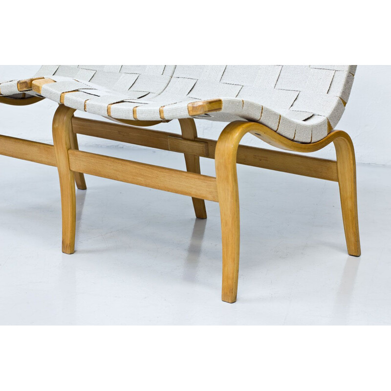 Vintage bench in Birch & Linen Webbing, by Bruno Mathsson, Sweden, 1969