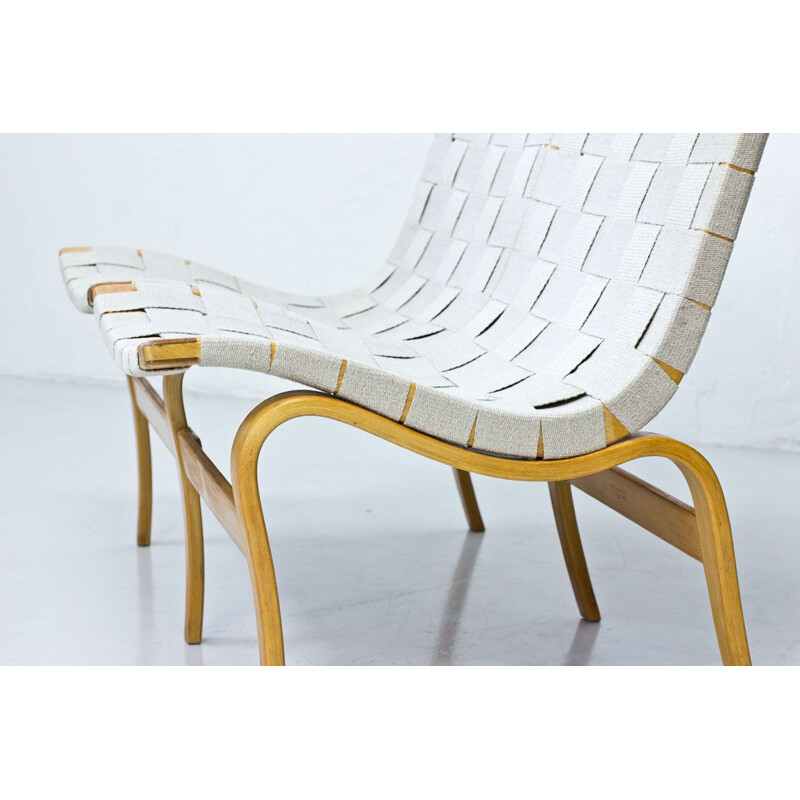 Vintage bench in Birch & Linen Webbing, by Bruno Mathsson, Sweden, 1969