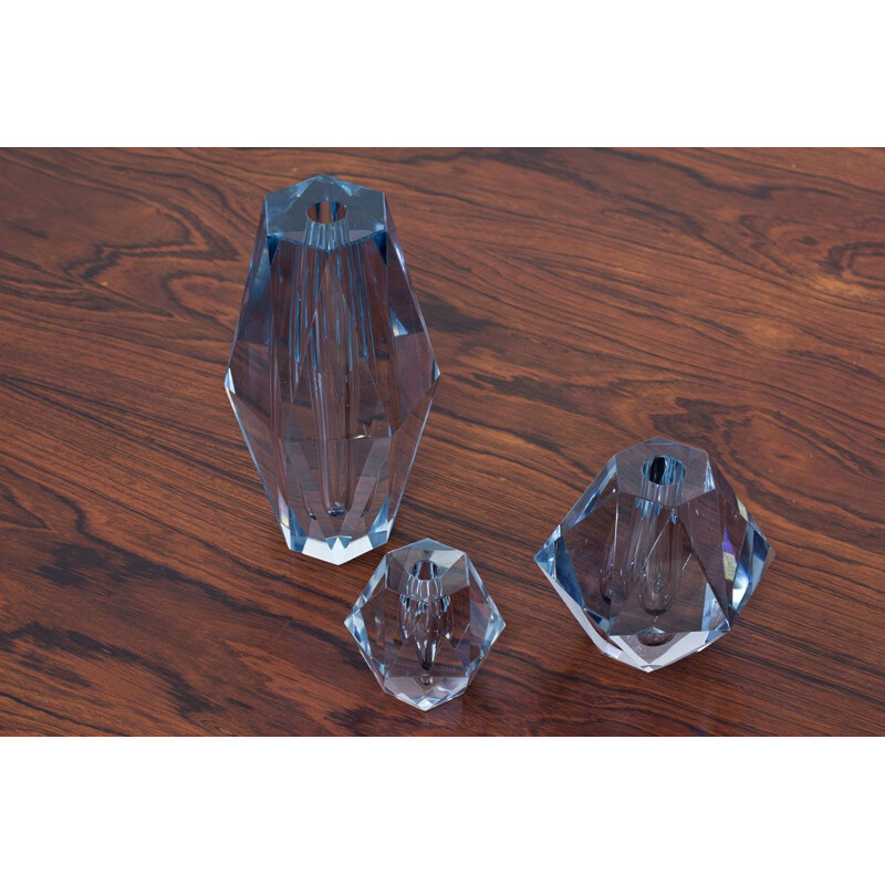 Set of 3 Vintage Vases in Crystal, Diamond Form, by Strömbergshyttan, Sweden, 1960s