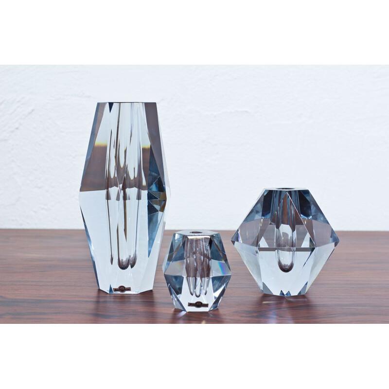 Set of 3 Vintage Vases in Crystal, Diamond Form, by Strömbergshyttan, Sweden, 1960s