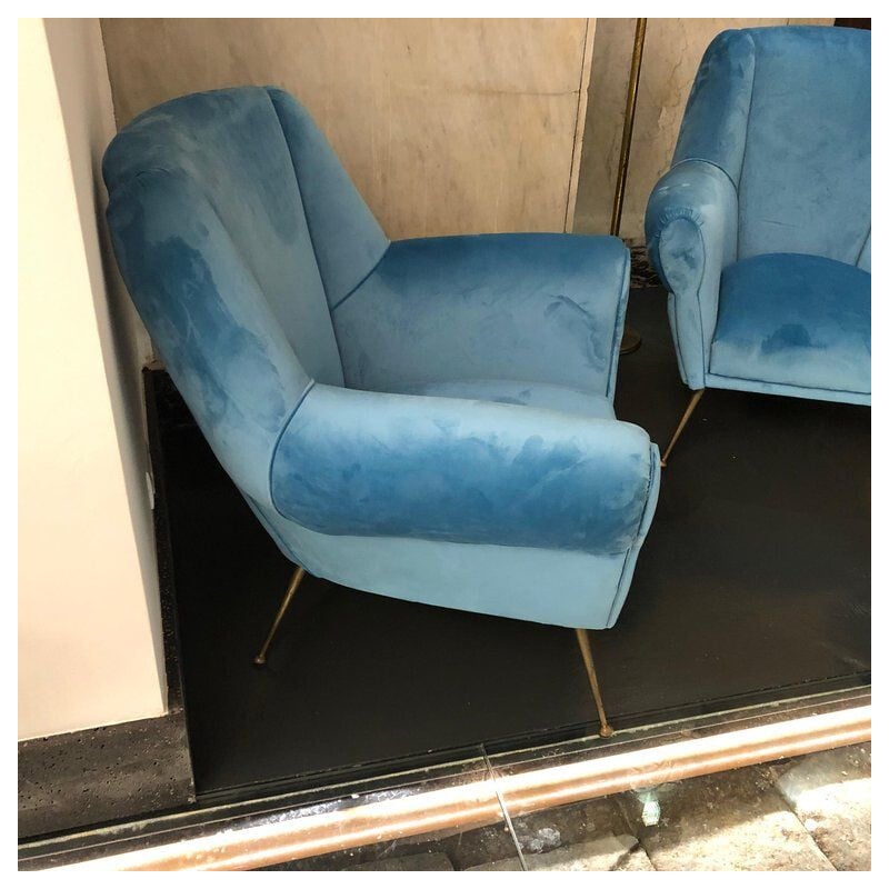 Pair of Italian armchairs in brass and blue velvet