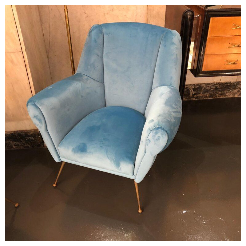 Pair of Italian armchairs in brass and blue velvet