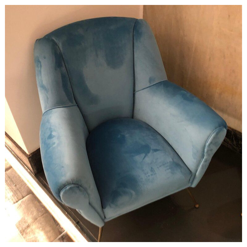 Pair of Italian armchairs in brass and blue velvet