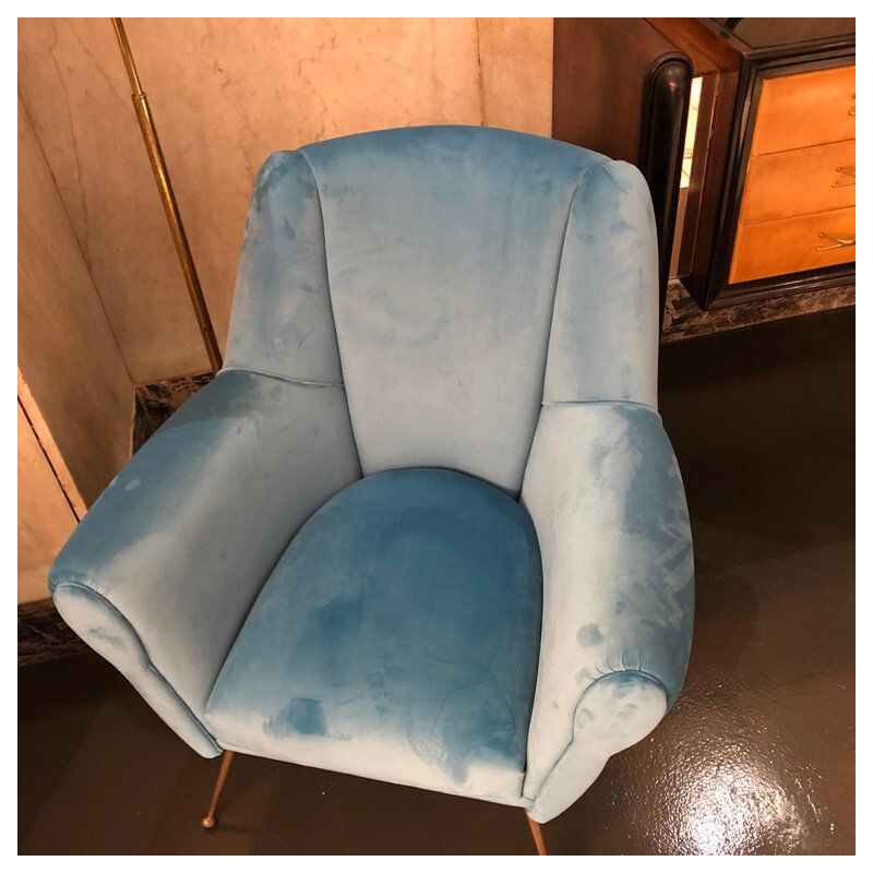 Pair of Italian armchairs in brass and blue velvet