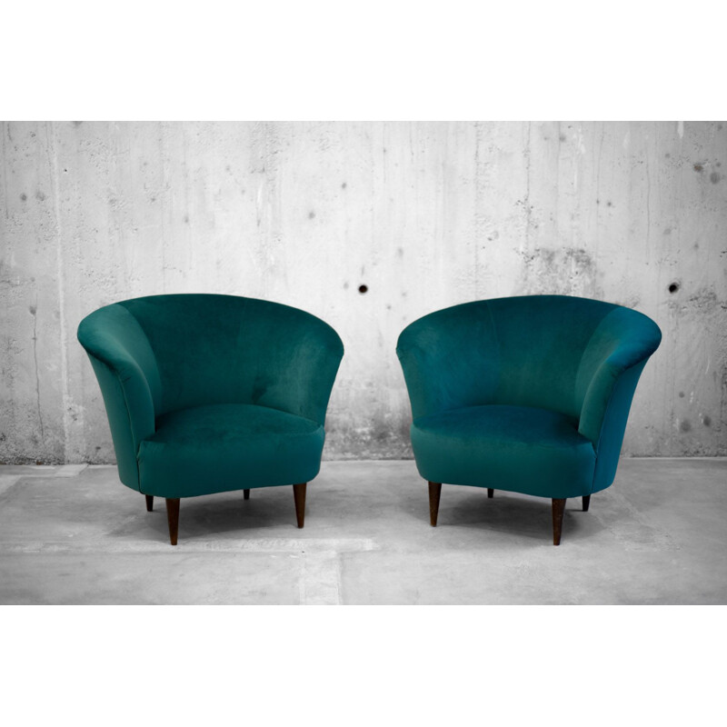 Pair of Italian armchairs in duck blue velvet