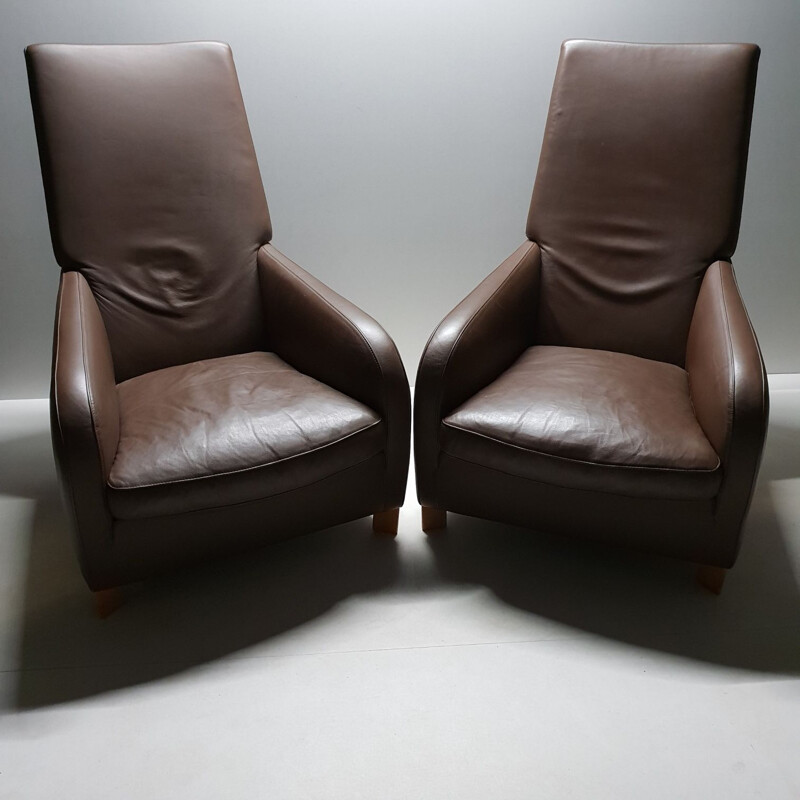 Pair of brown leather armchairs by Molinari
