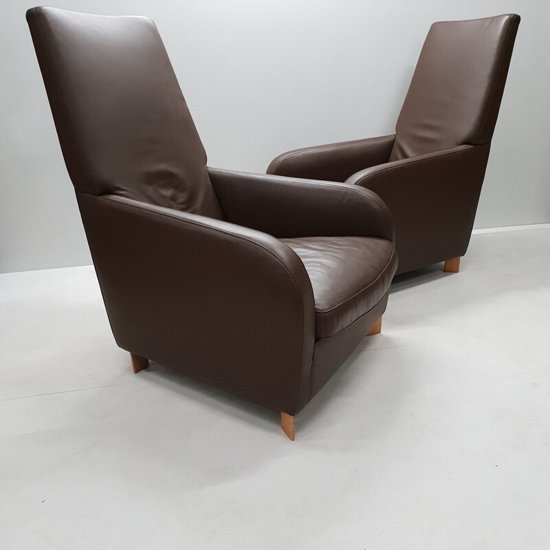 Pair of brown leather armchairs by Molinari