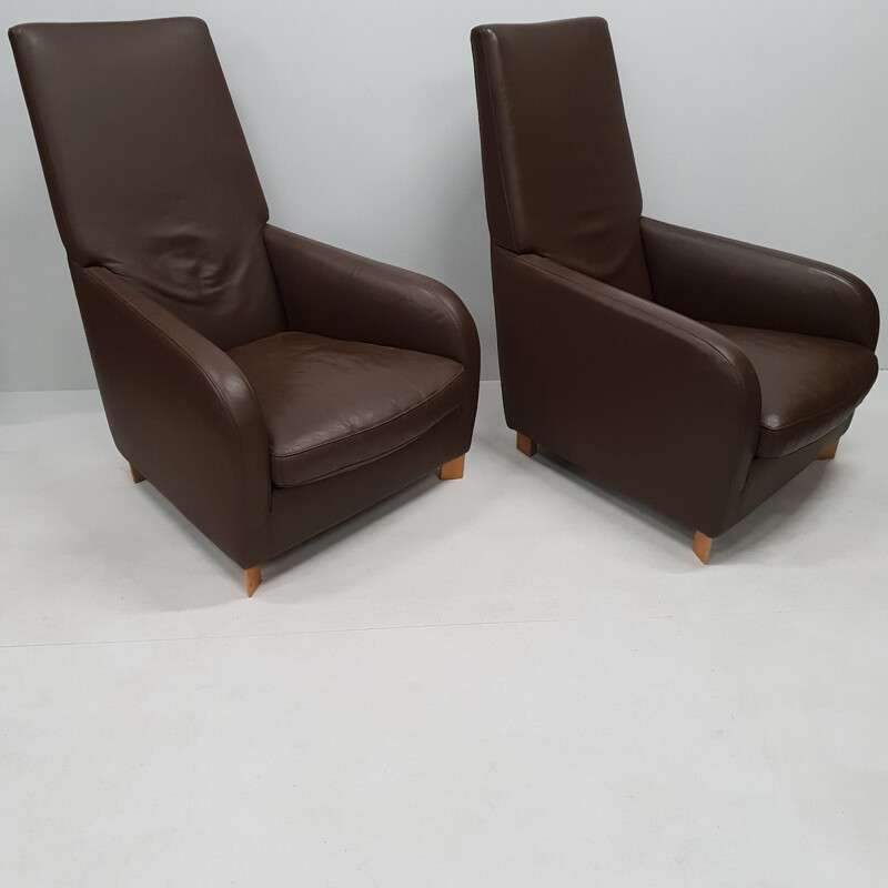 Pair of brown leather armchairs by Molinari