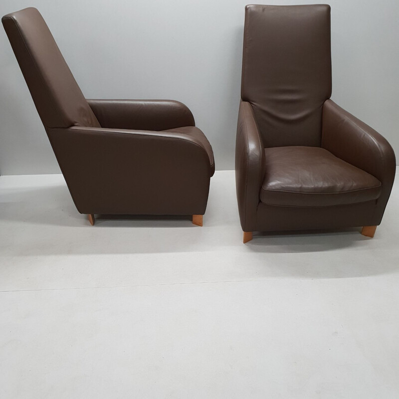 Pair of brown leather armchairs by Molinari