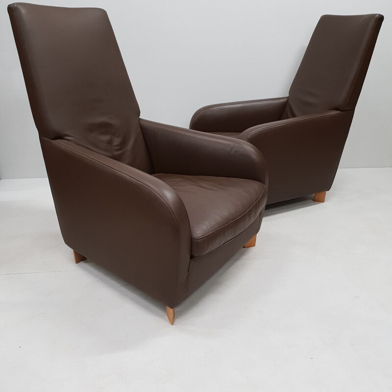 Pair of brown leather armchairs by Molinari