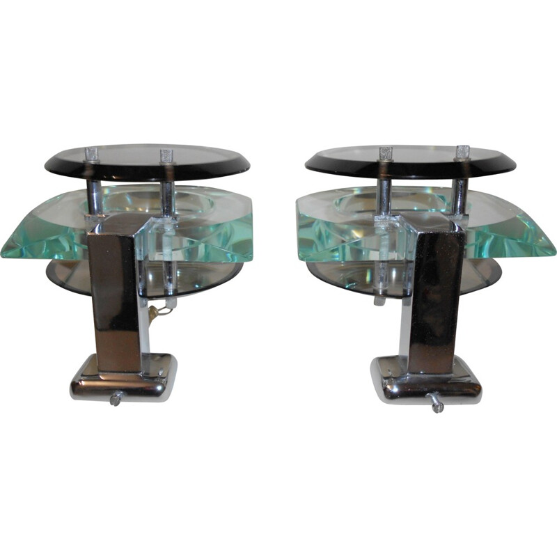 Pair of glass and chromed steel wall lights - 1960s