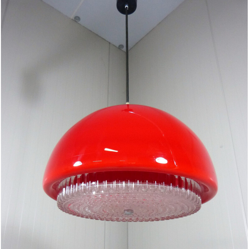 Vintage german red glass hanging lamp for Peill & Putzler 1960