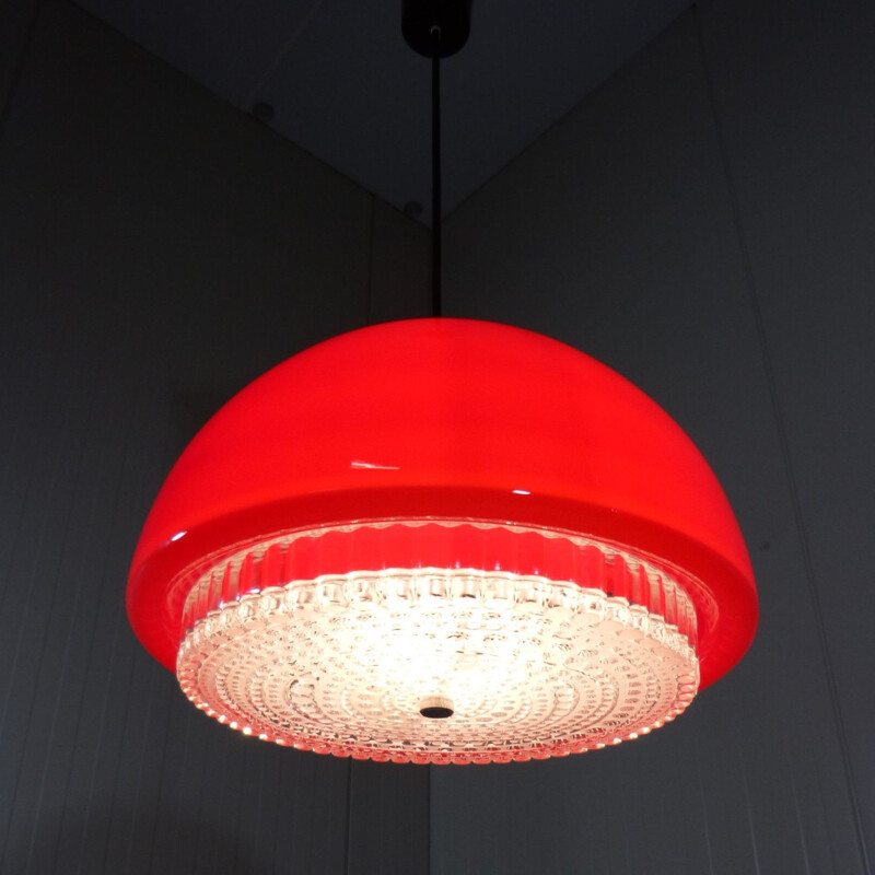 Vintage german red glass hanging lamp for Peill & Putzler 1960