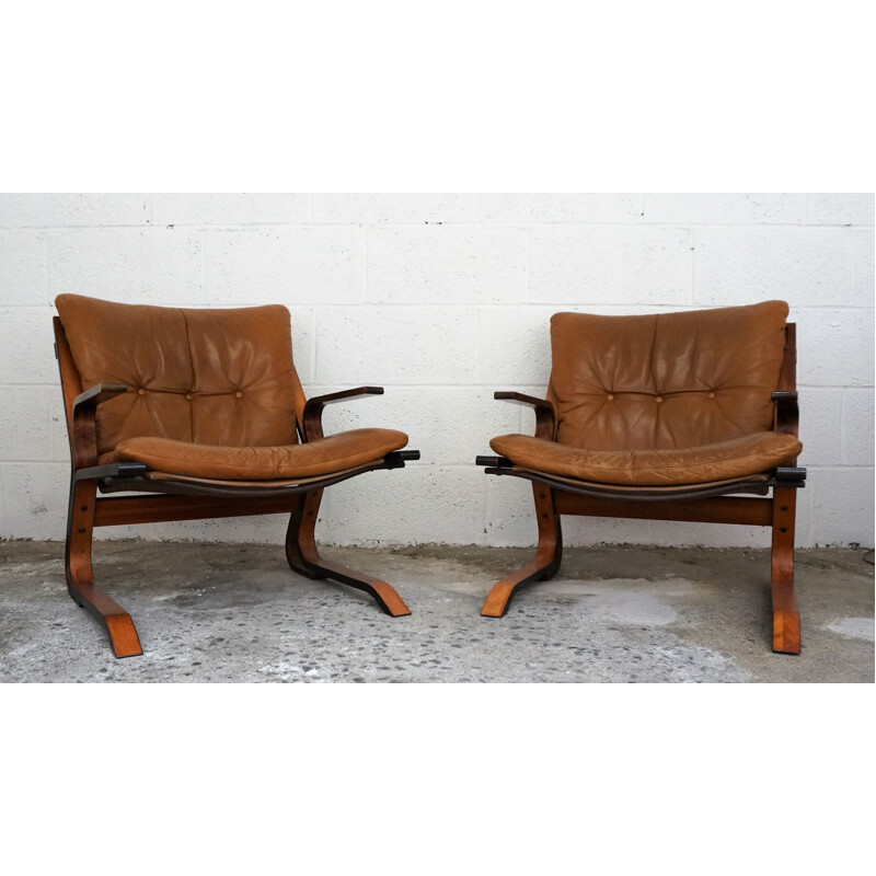 Pair of Pirate armchairs in leather and rosewood