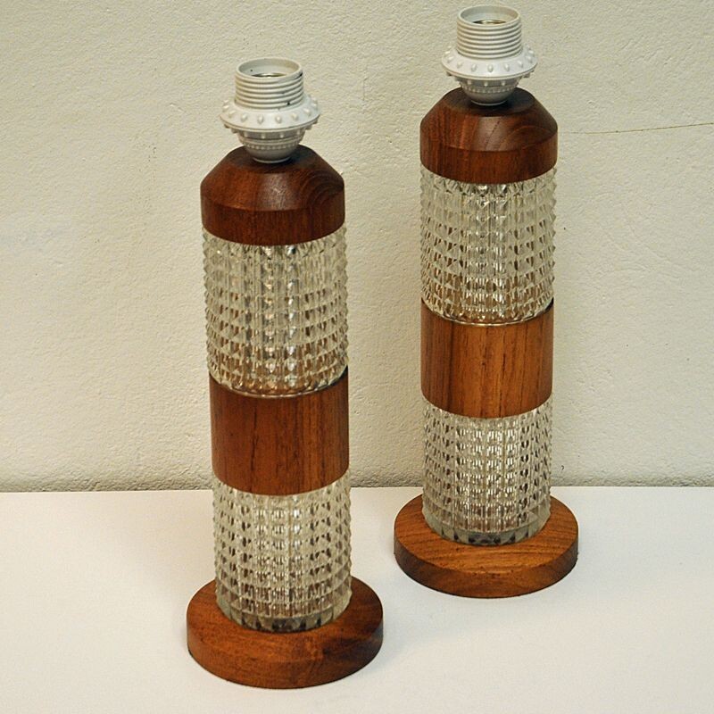 Pair of teak and glass table lamps