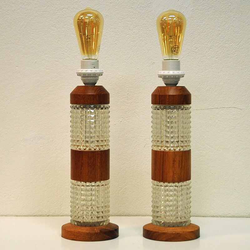 Pair of teak and glass table lamps