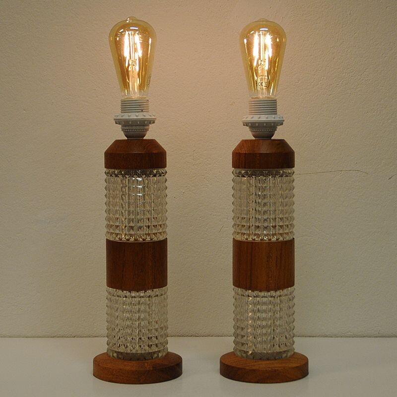 Pair of teak and glass table lamps