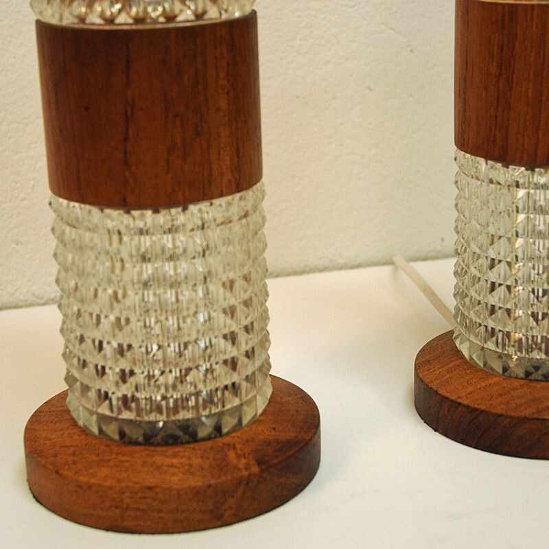 Pair of teak and glass table lamps