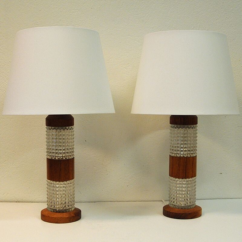Pair of teak and glass table lamps