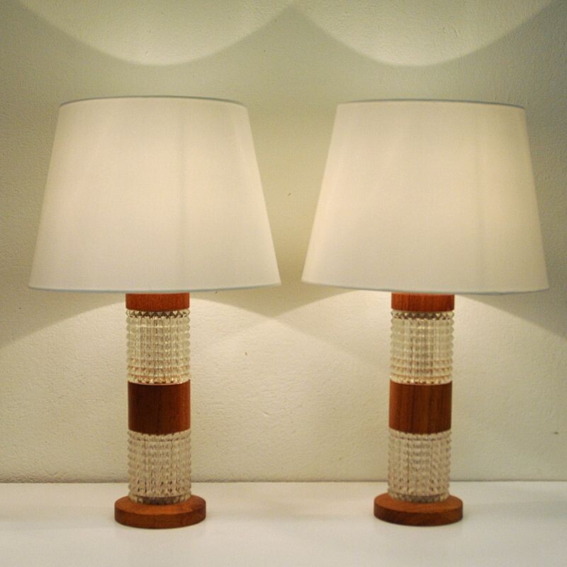 Pair of teak and glass table lamps