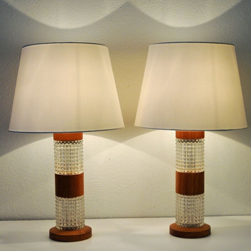 Pair of teak and glass table lamps