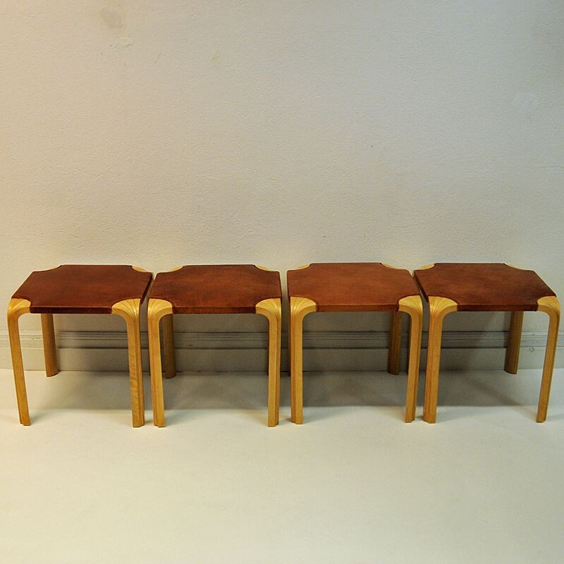 Vintage leather stools by Alvar Aalto model X601 for Artek Finland -1954