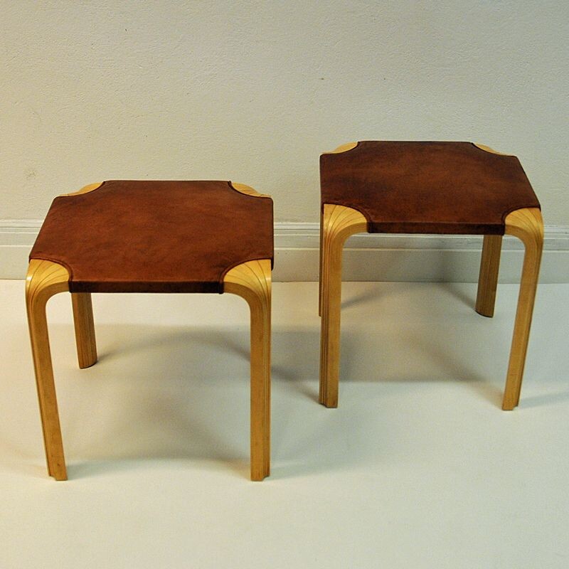 Vintage leather stools by Alvar Aalto model X601 for Artek Finland -1954