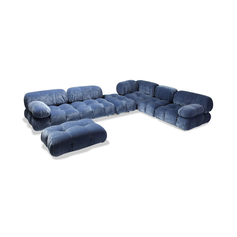 Vintage corner sofa Camaleonda in blue velvet by Mario Bellini, 1970s