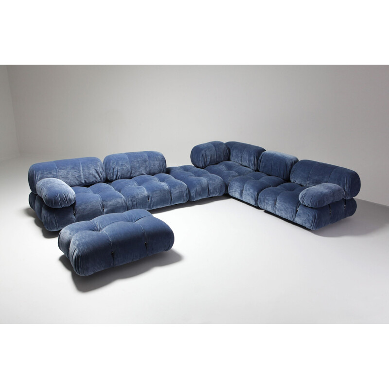 Vintage corner sofa Camaleonda in blue velvet by Mario Bellini, 1970s