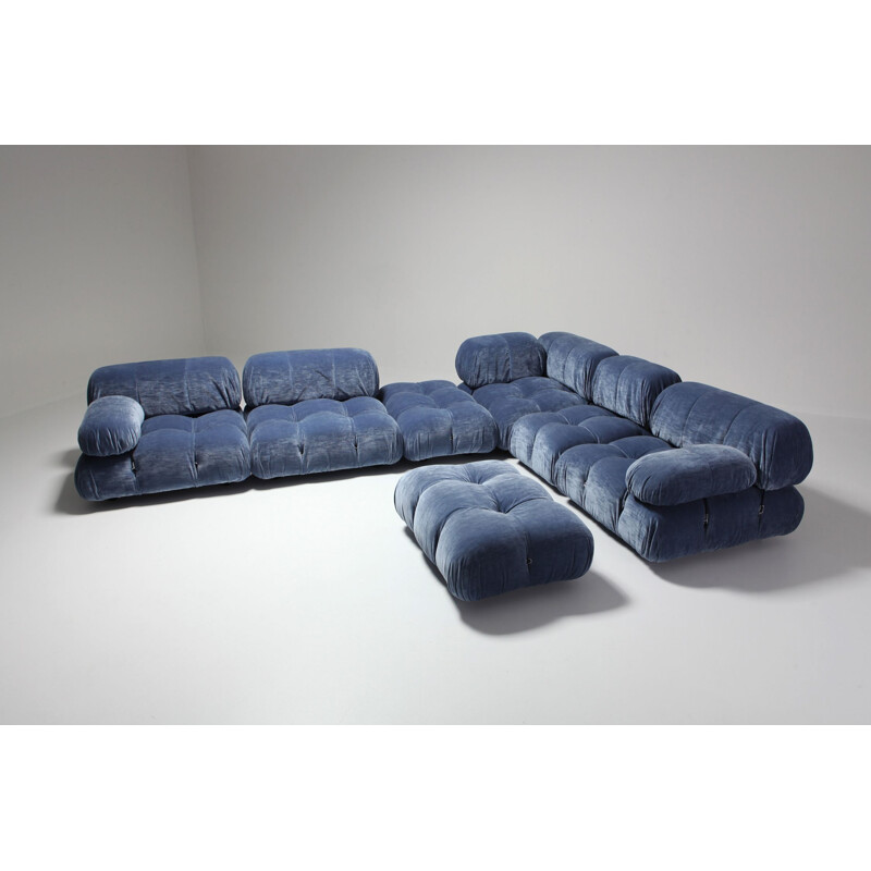 Vintage corner sofa Camaleonda in blue velvet by Mario Bellini, 1970s