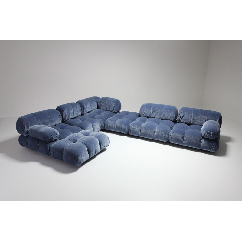 Vintage corner sofa Camaleonda in blue velvet by Mario Bellini, 1970s