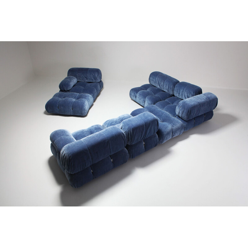 Vintage corner sofa Camaleonda in blue velvet by Mario Bellini, 1970s