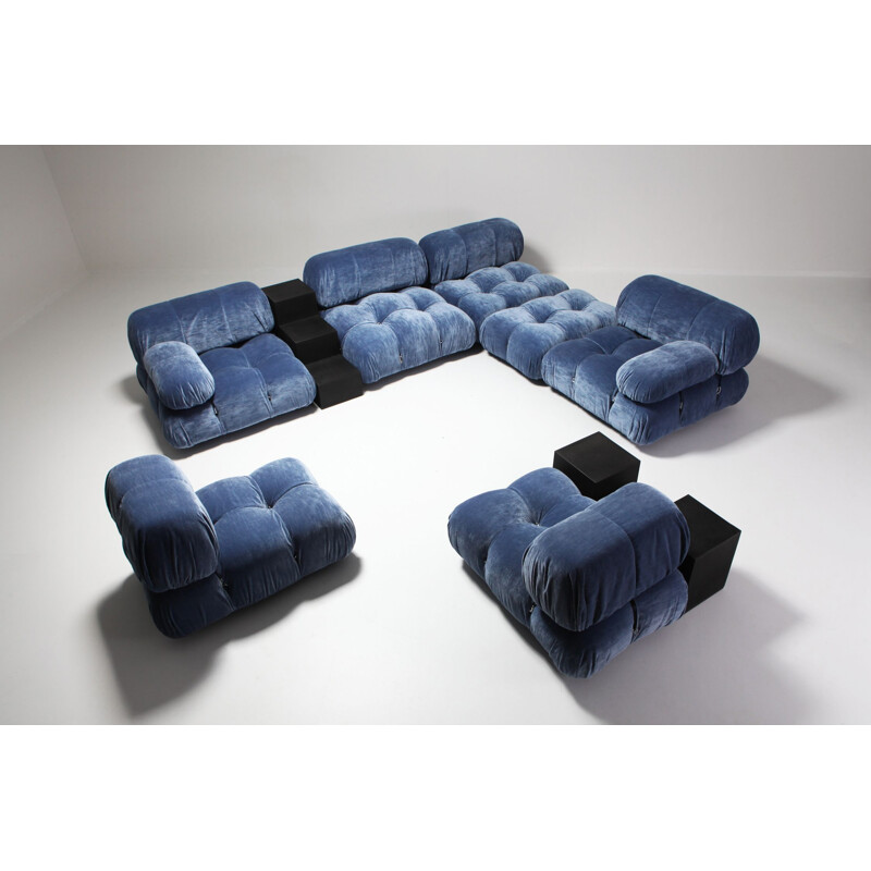 Vintage corner sofa Camaleonda in blue velvet by Mario Bellini, 1970s