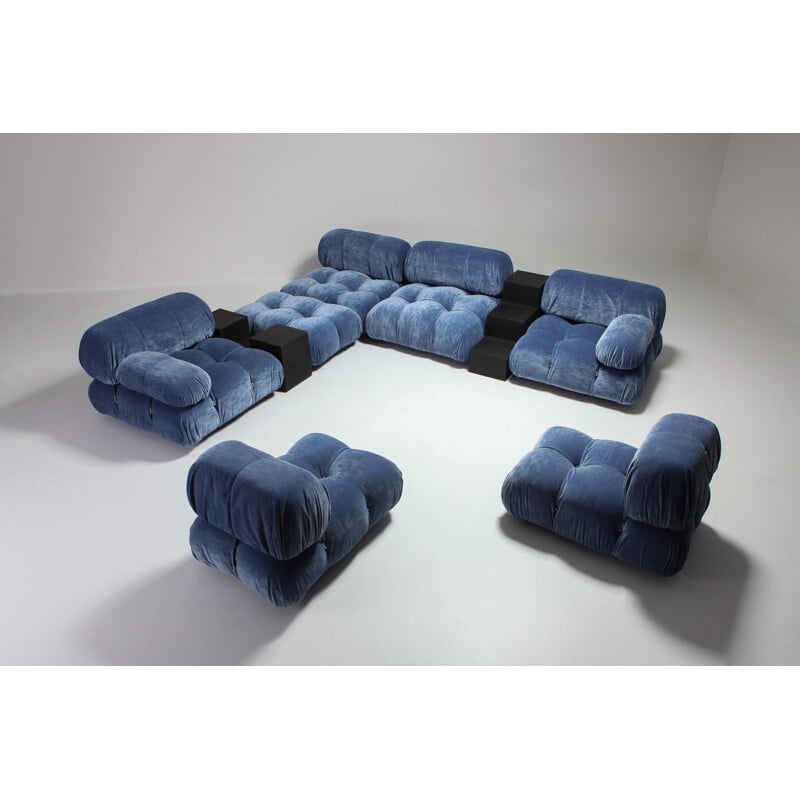 Vintage corner sofa Camaleonda in blue velvet by Mario Bellini, 1970s