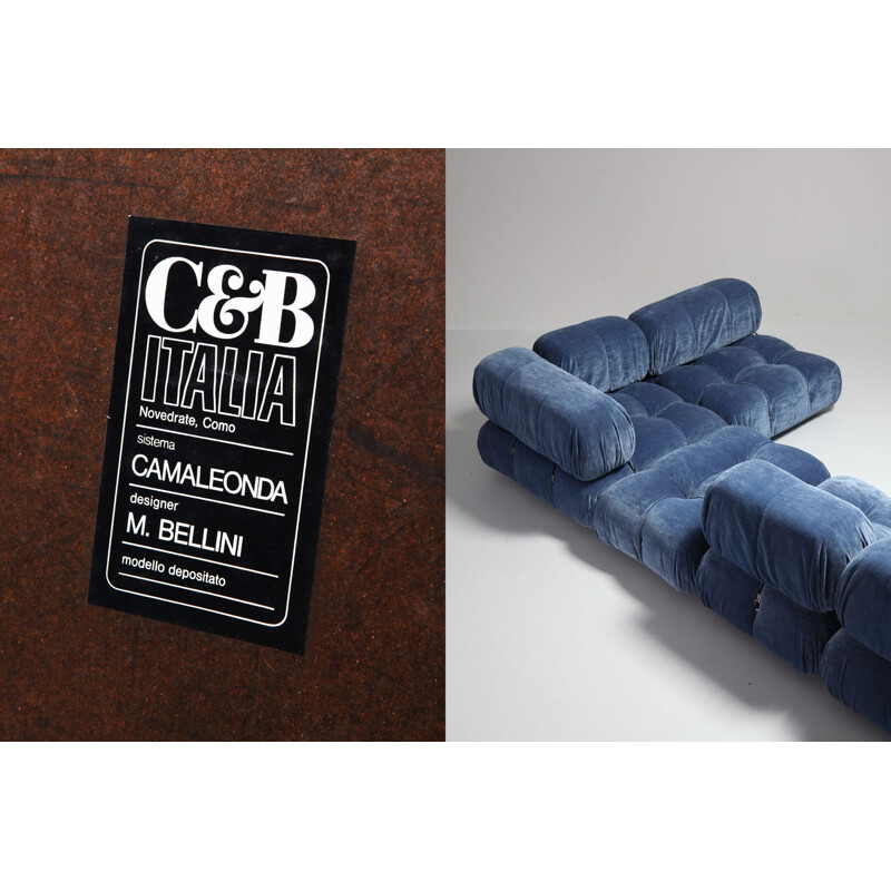 Vintage corner sofa Camaleonda in blue velvet by Mario Bellini, 1970s