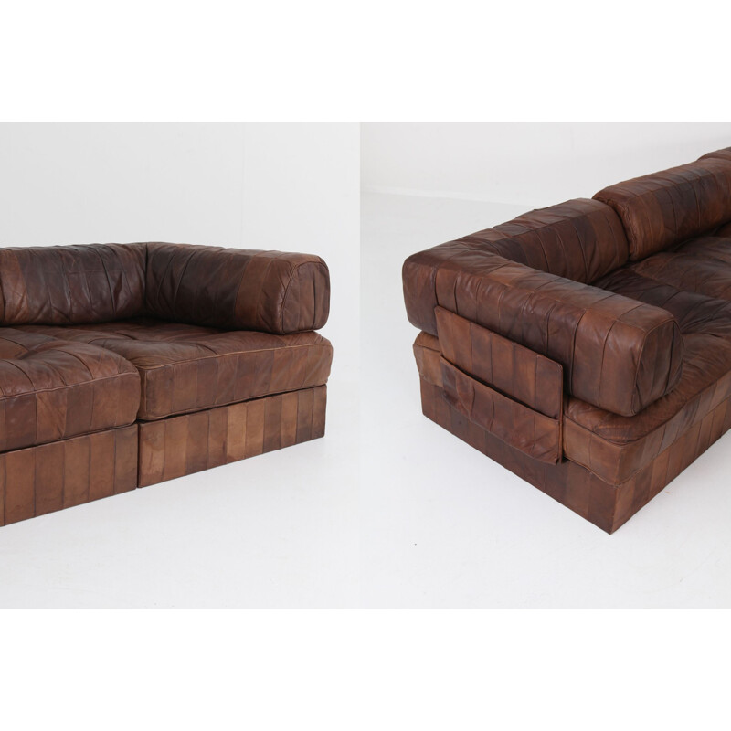 Vintage corner sofa modular, Brown-Cognac Leather Patchwork, De Sede DS88, 1970s
