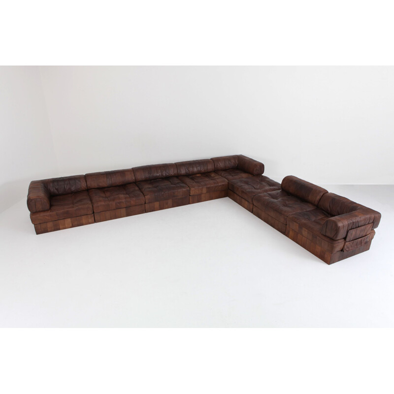 Vintage corner sofa modular, Brown-Cognac Leather Patchwork, De Sede DS88, 1970s