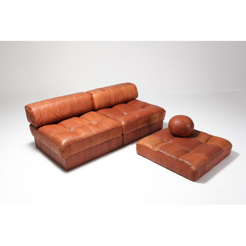 Vintage corner sofa in Cognac Leather Patchwork DS 88 by De Sede, 1970s