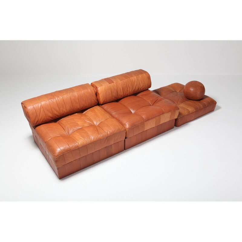 Vintage corner sofa in Cognac Leather Patchwork DS 88 by De Sede, 1970s