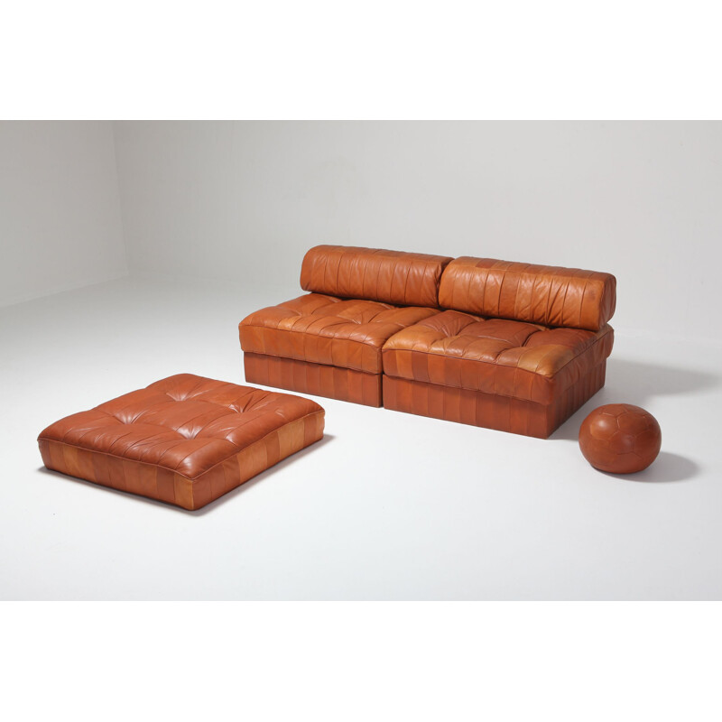 Vintage corner sofa in Cognac Leather Patchwork DS 88 by De Sede, 1970s